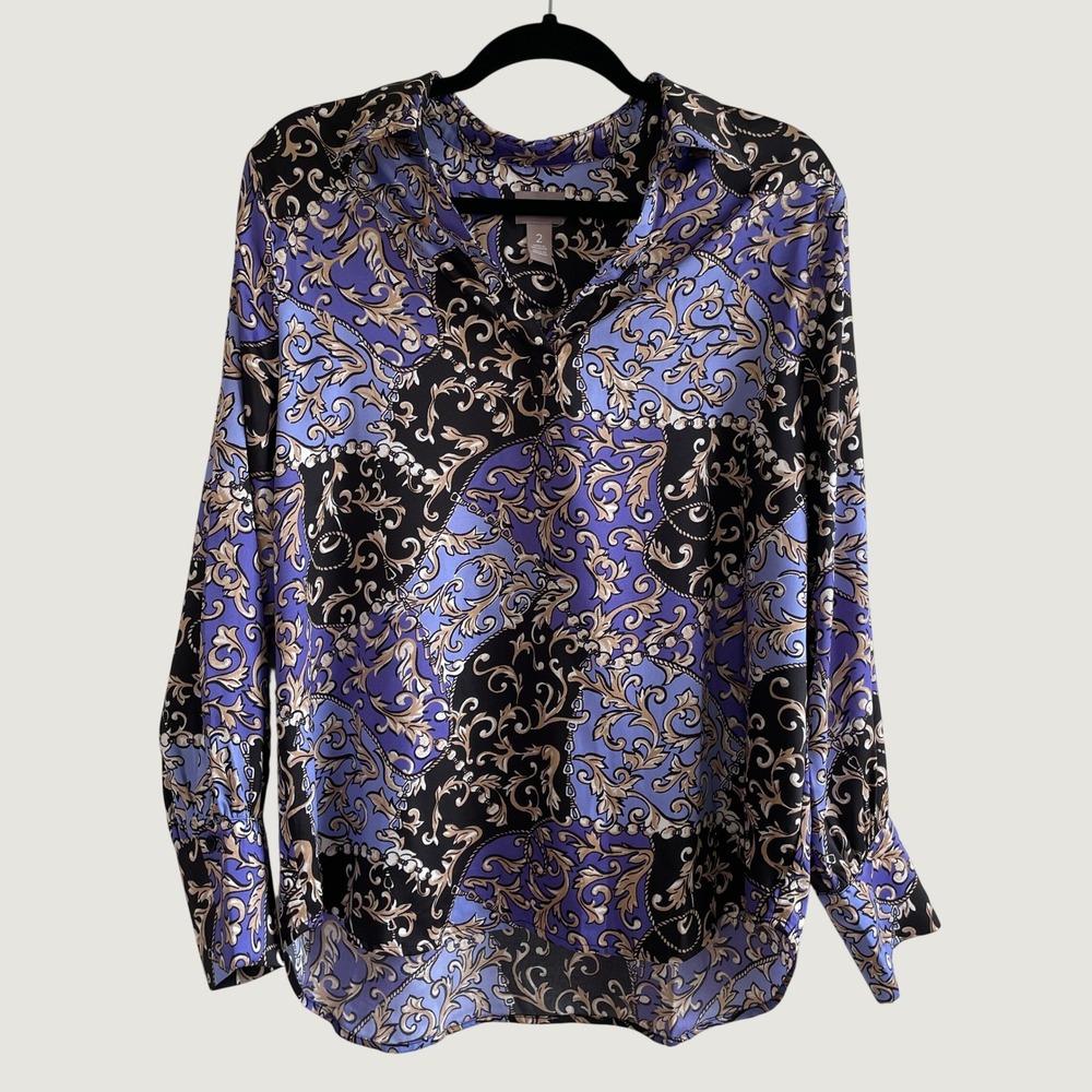 Chico's Blouse Women L Purple Baroque Chain Print Long Sleeve Button Up Career